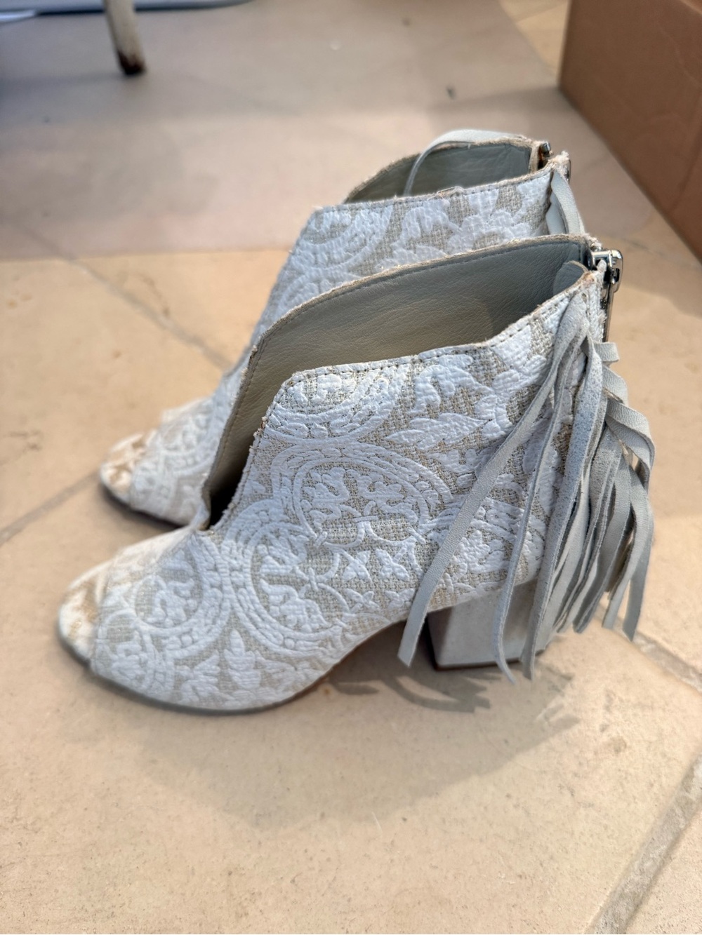 Free People Women's White Lace Peep-Toe Fringe Ankle Boots